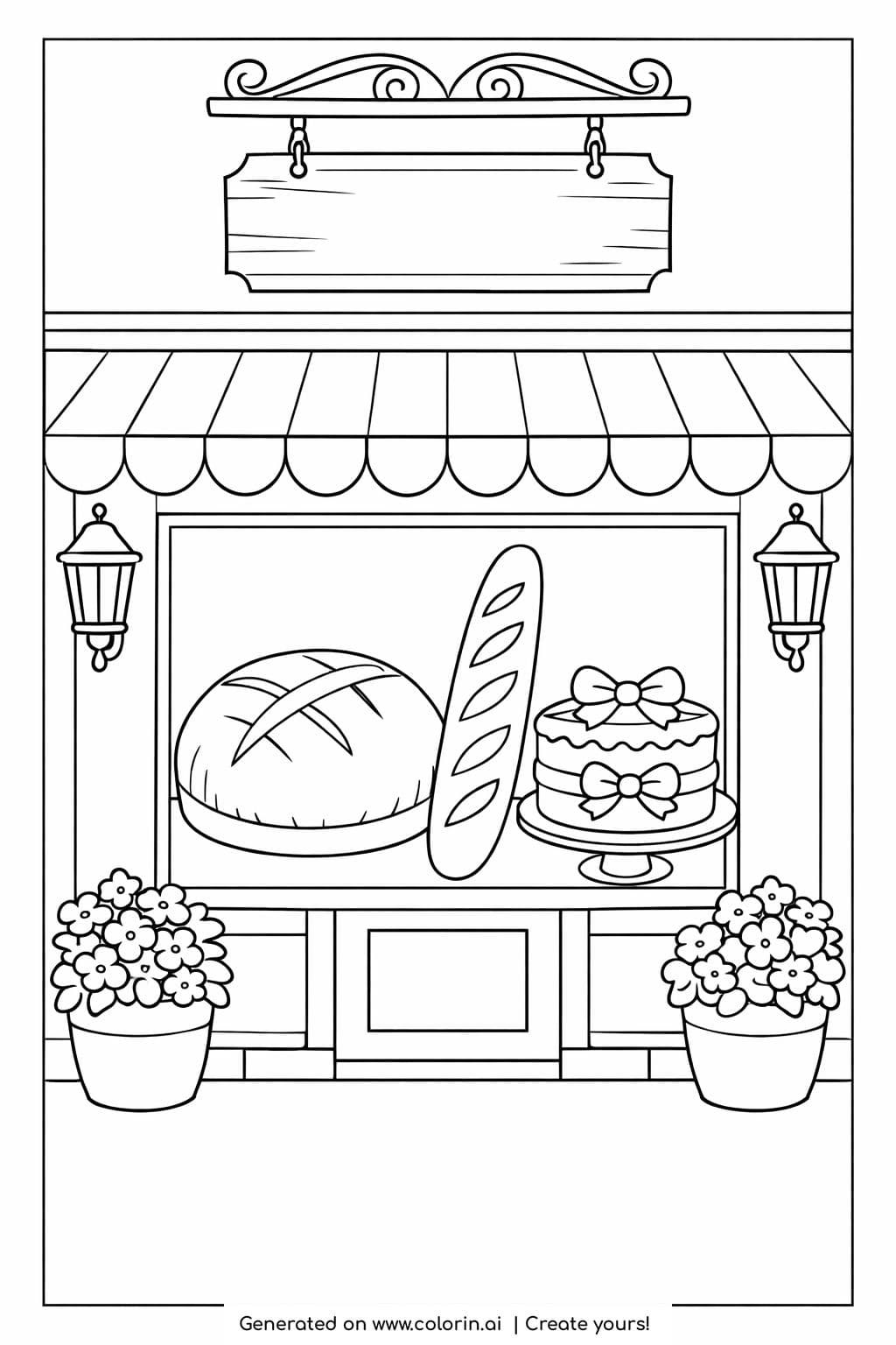 artisan bakery shop window coloring page with bread and cake display coloring page
