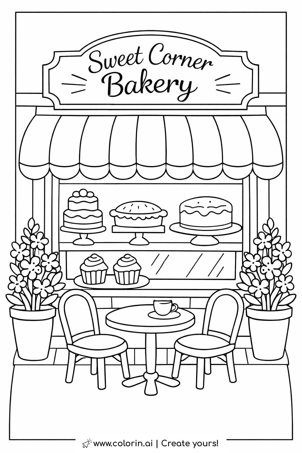 bakery with cake display window coloring page featuring cupcakes and outdoor table coloring page