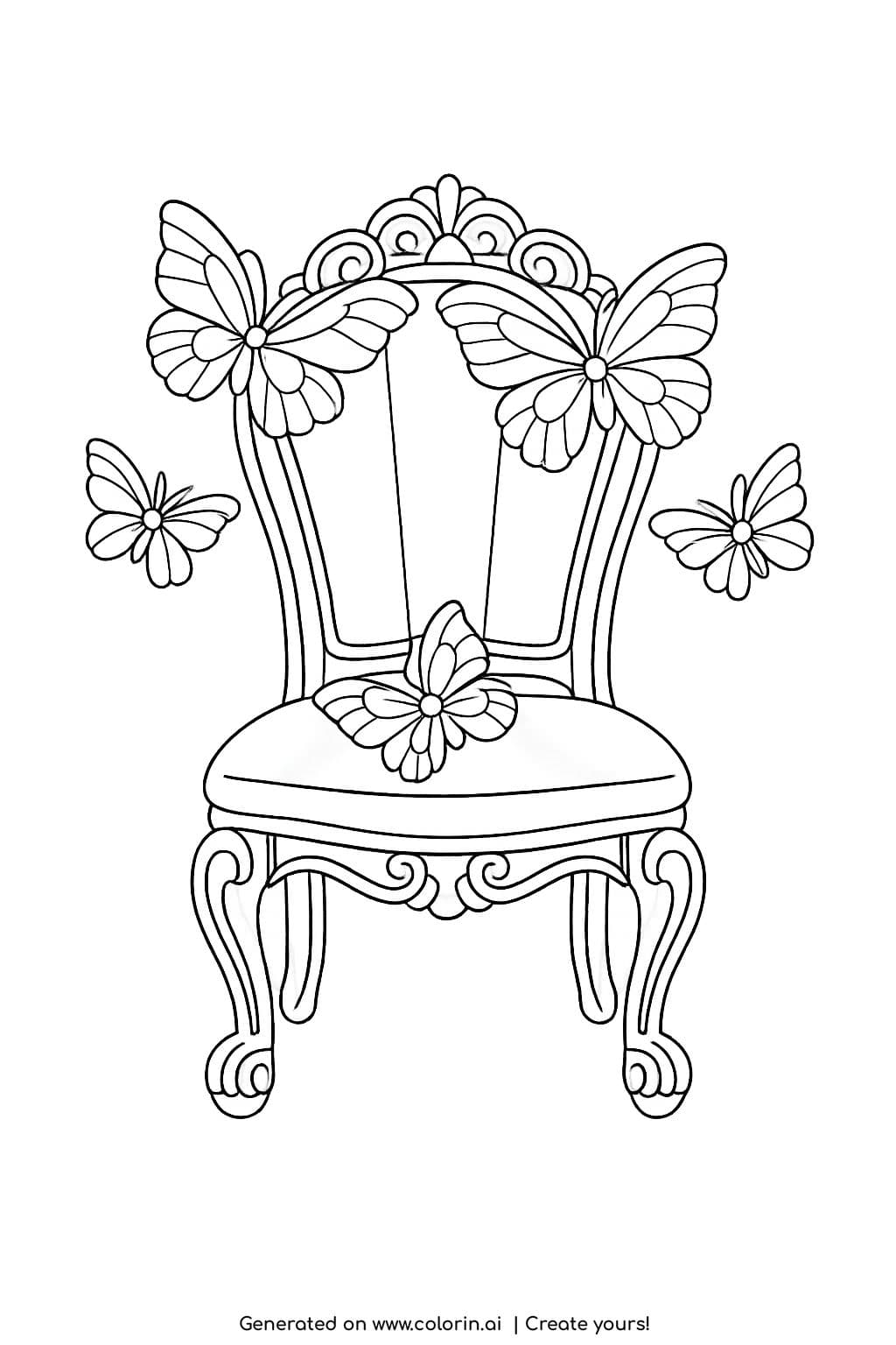 butterflies on vintage chair coloring page with ornate antique seat and flying butterflies coloring page