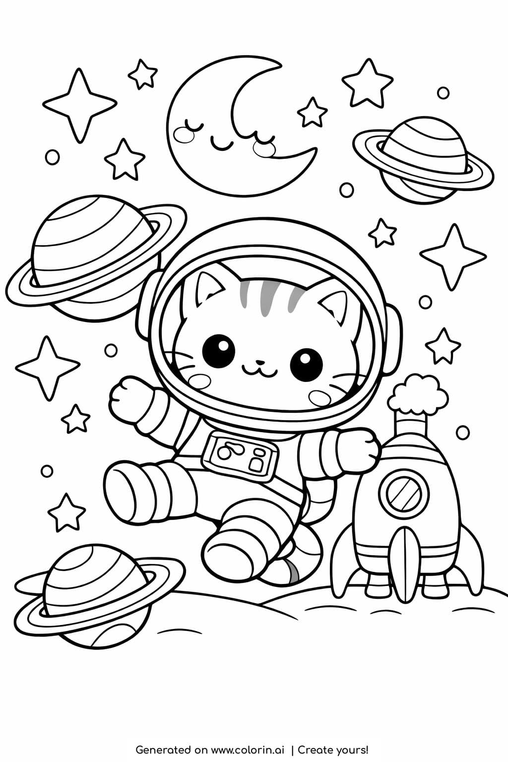 cat astronaut floating in space coloring page with planets and rocket coloring page