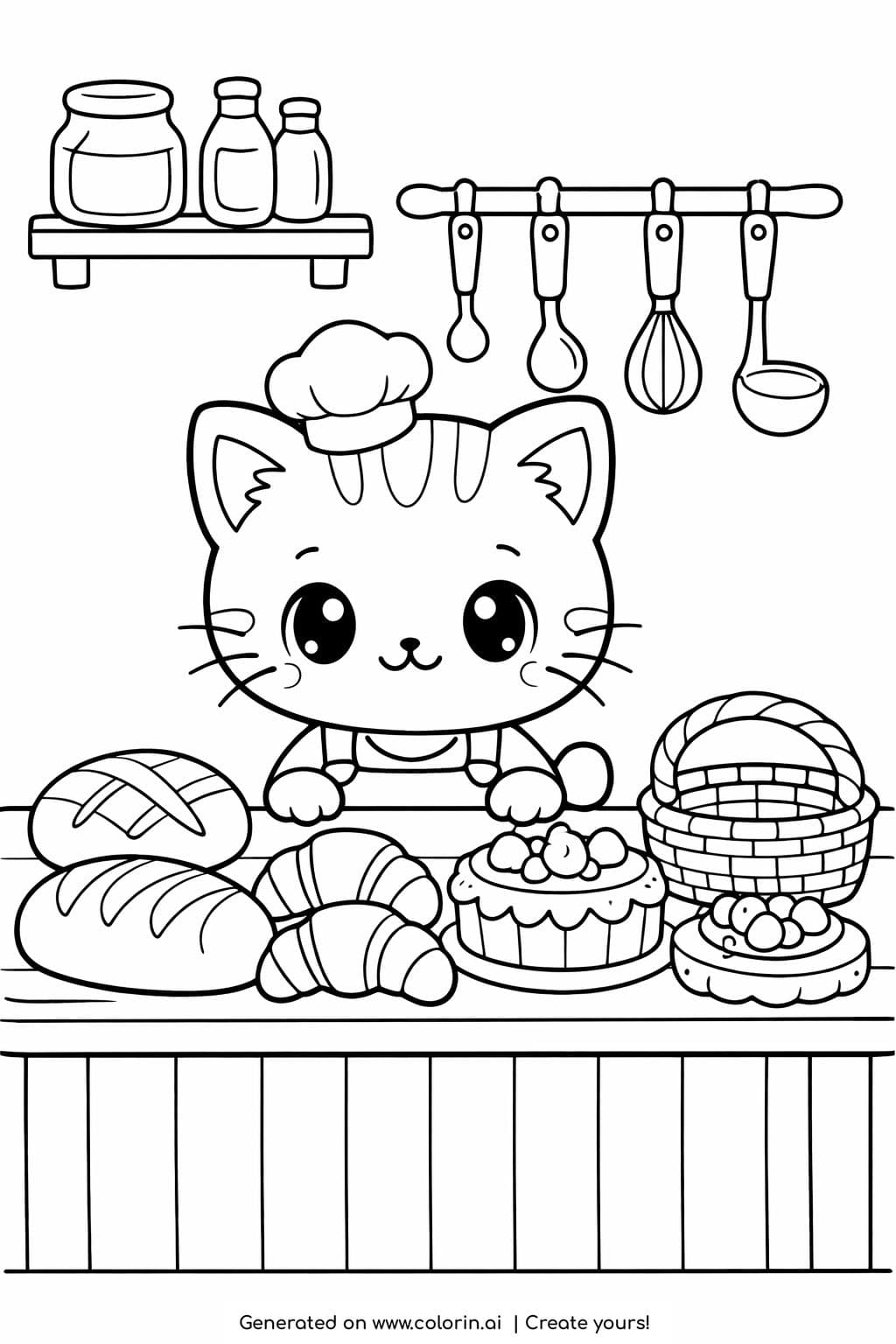 cat baker in artisan bakery coloring page with breads and pastries coloring page