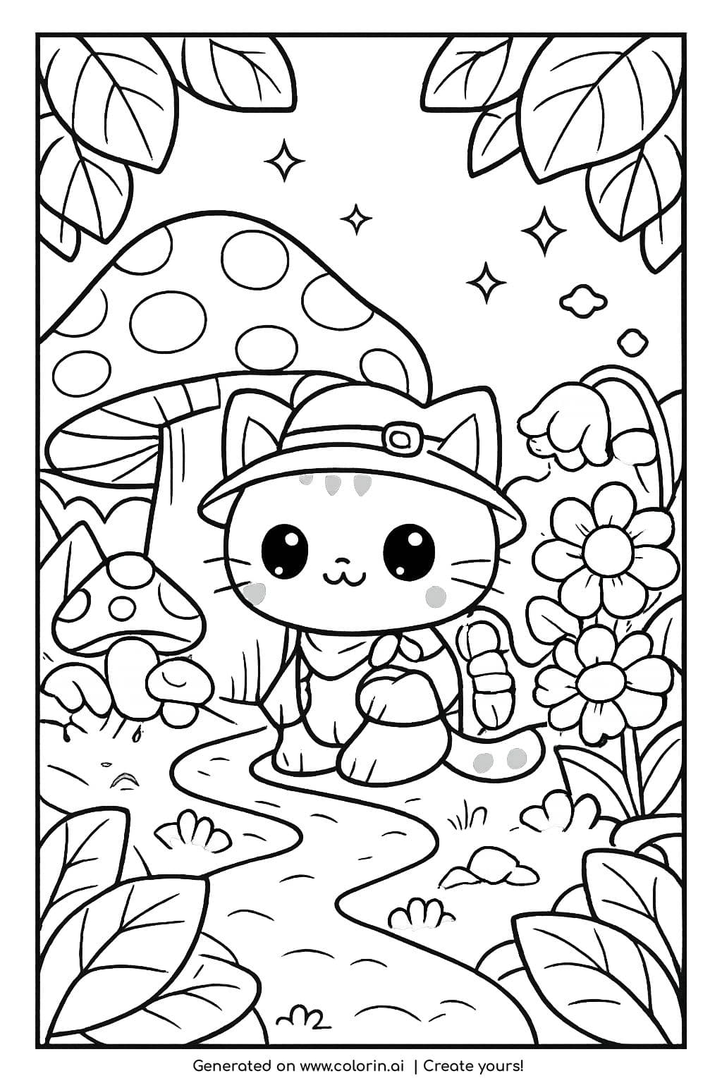cat explorer in magical forest coloring page cute kitten with hat near giant mushroom and flowers coloring page