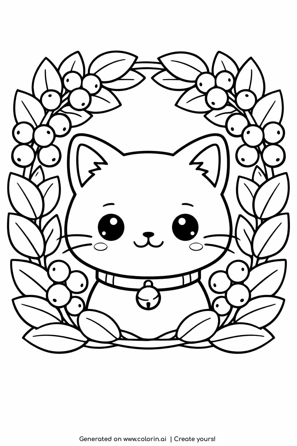 cat head framed by leaves coloring page with berries and collar coloring page