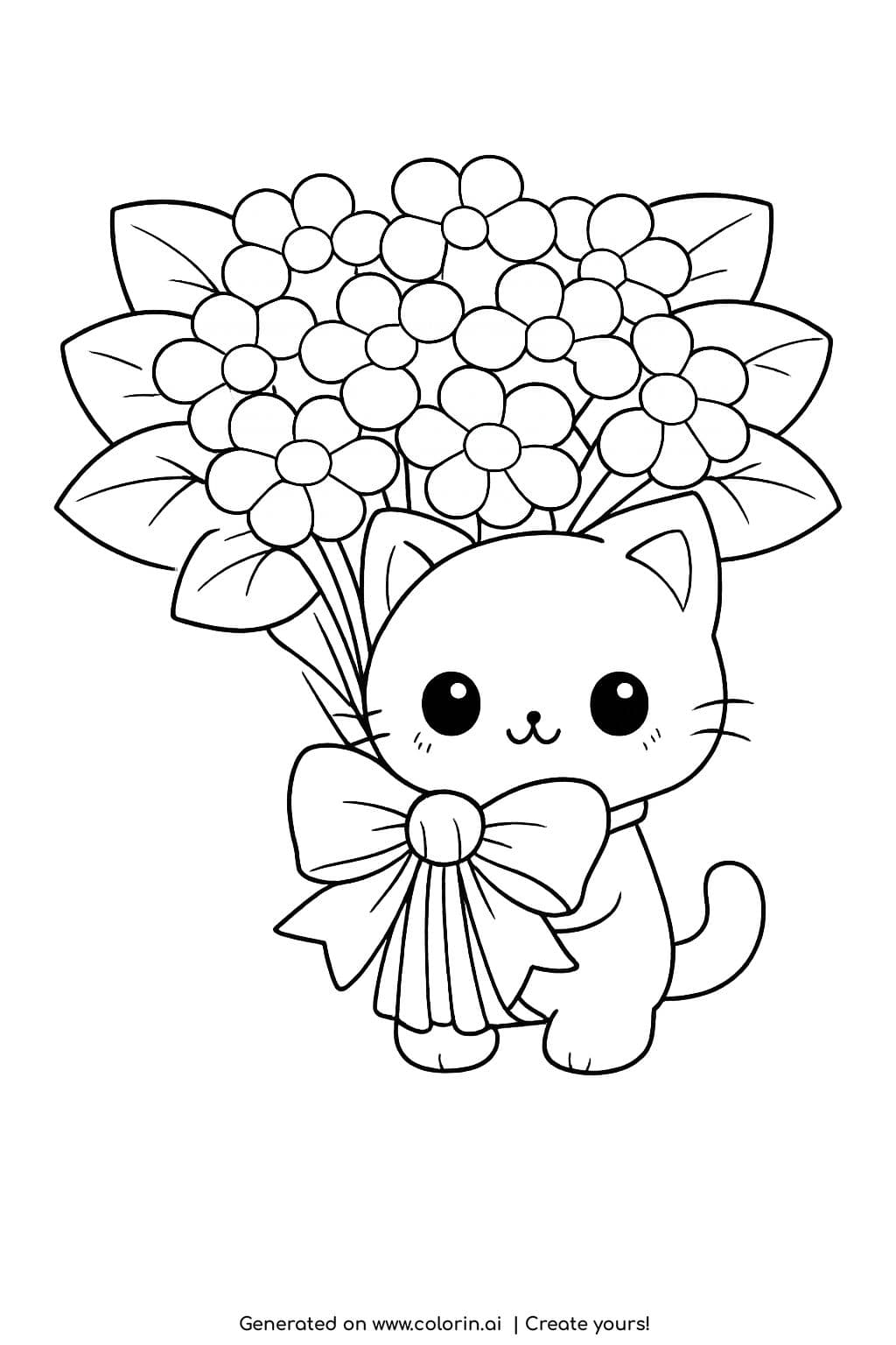 cat holding flower bouquet coloring page cute kitten with large bow and flowers coloring page