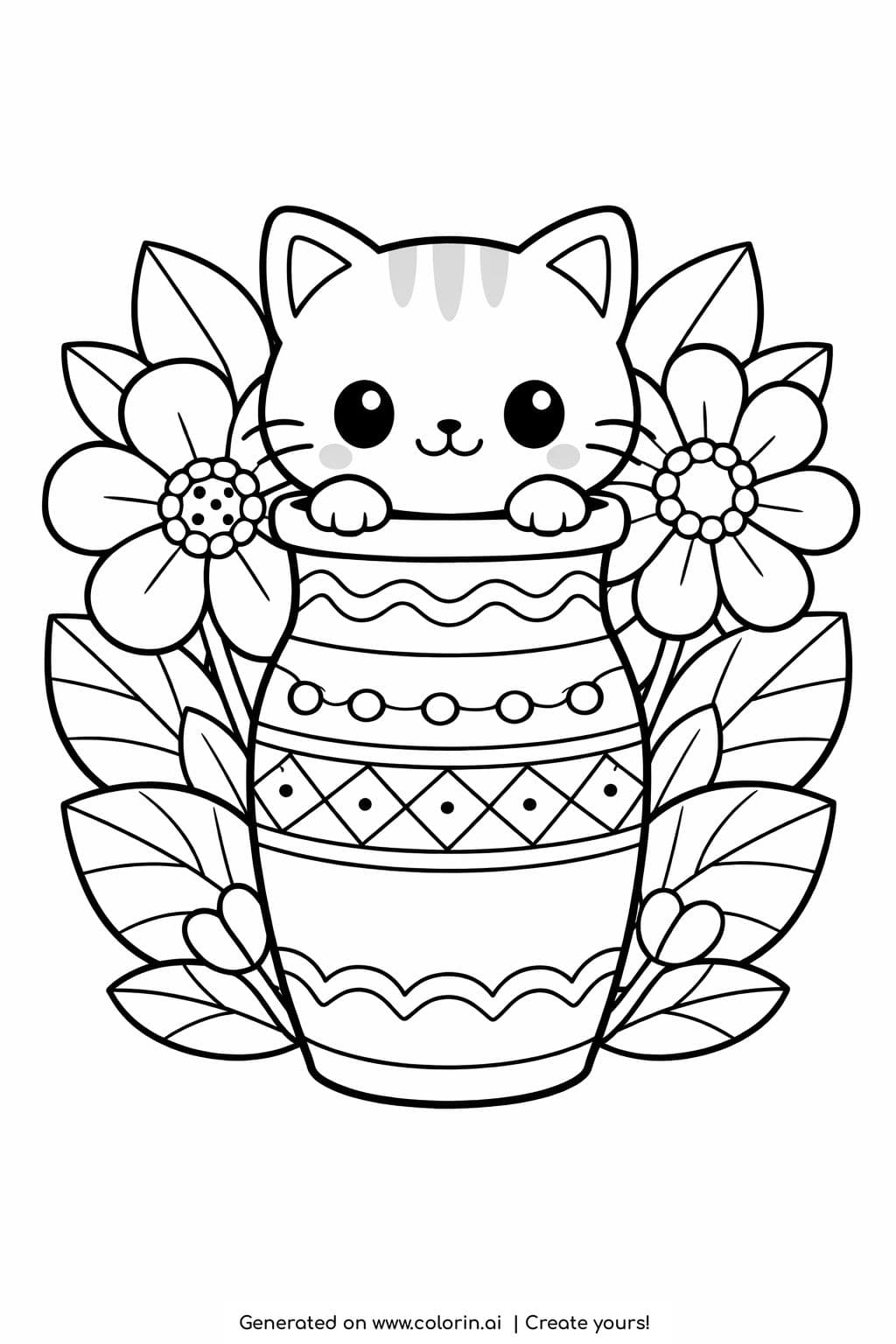 cat inside decorated vase coloring page with large flowers and leaves coloring page