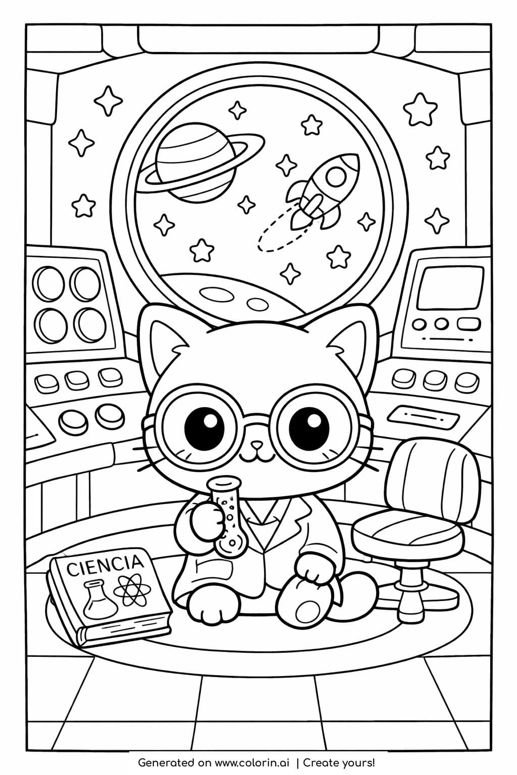 cat scientist in a space station coloring page with rocket and planet view