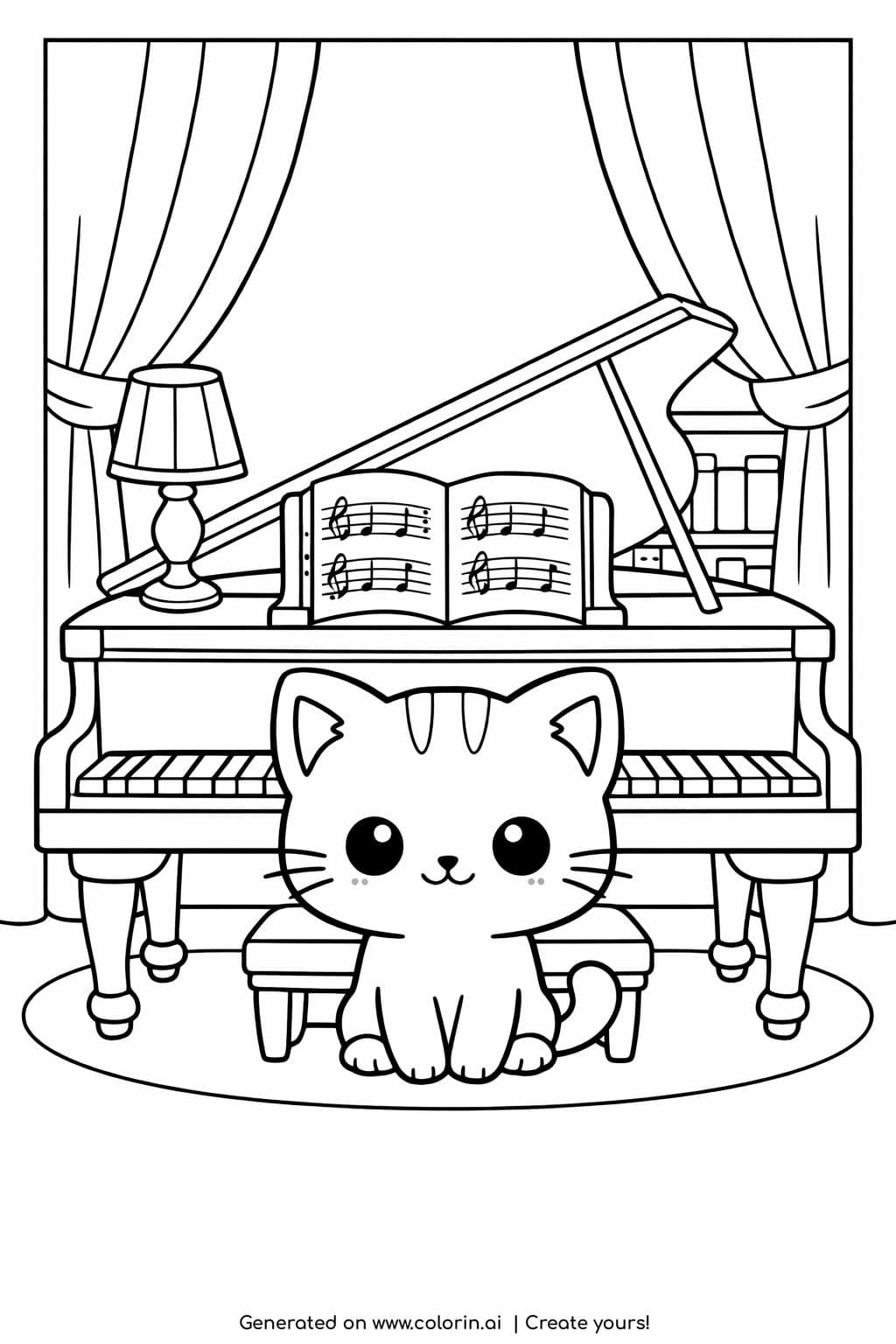 cat sitting at grand piano coloring page with sheet music and curtains coloring page