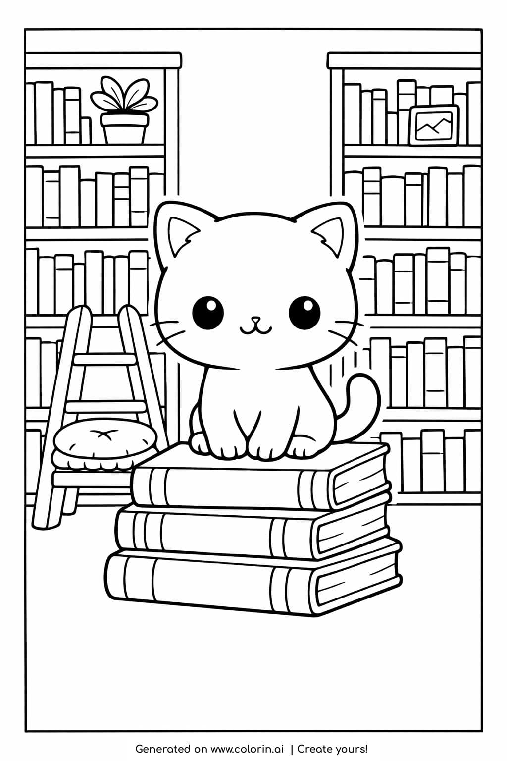 cat sitting on books in library coloring page cute kitten on stacked books in home library coloring page