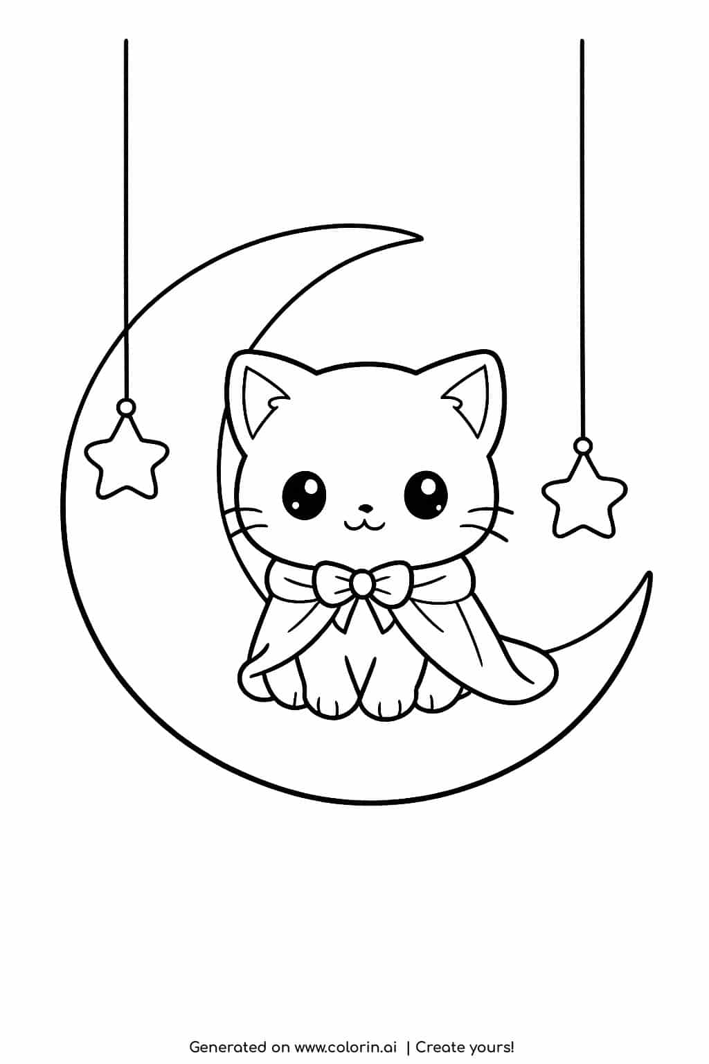 cat sitting on crescent moon coloring page cute kitten with cape and hanging stars coloring page