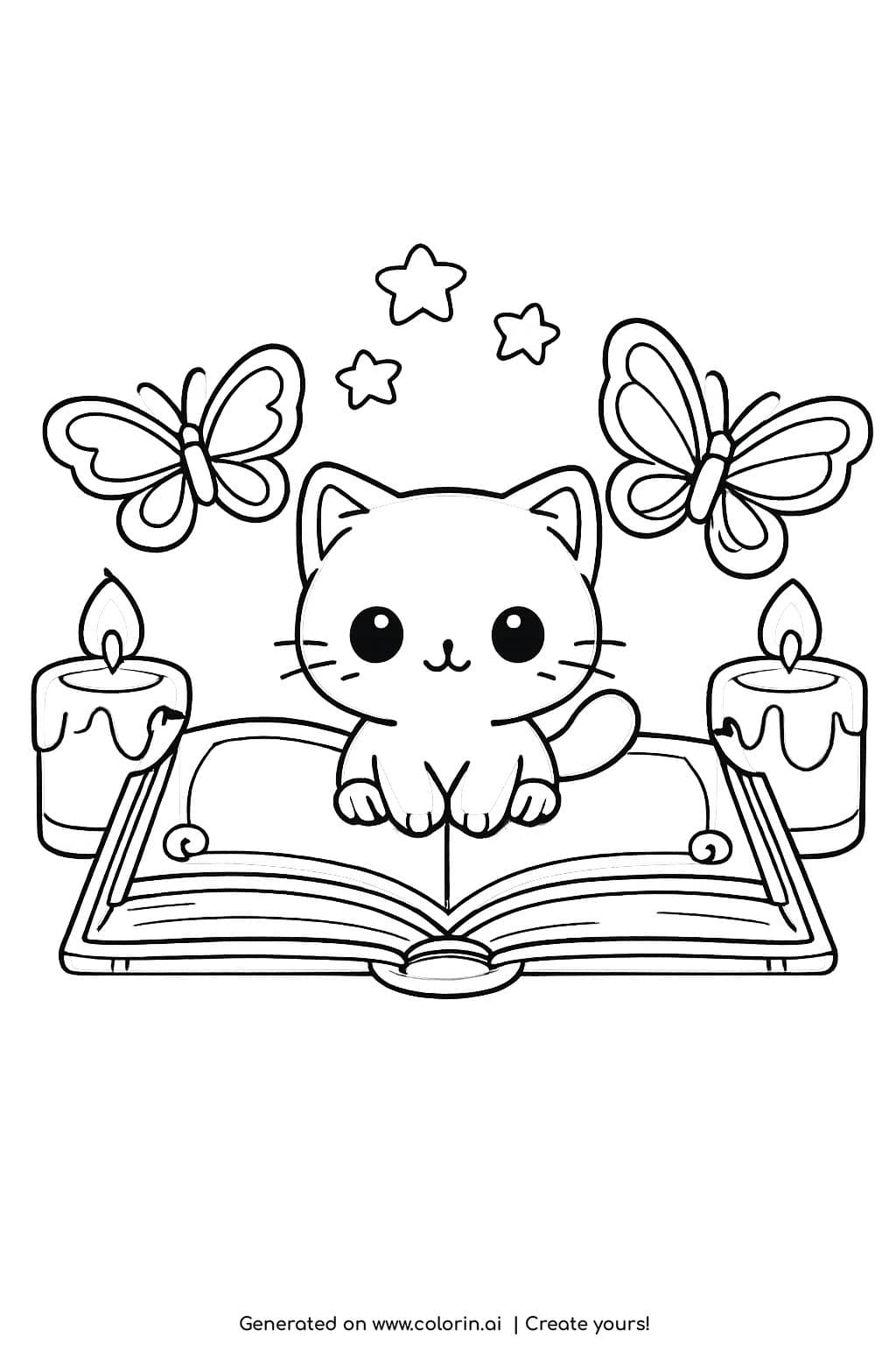 cat sitting on open book coloring page with candles and butterflies illustration coloring page