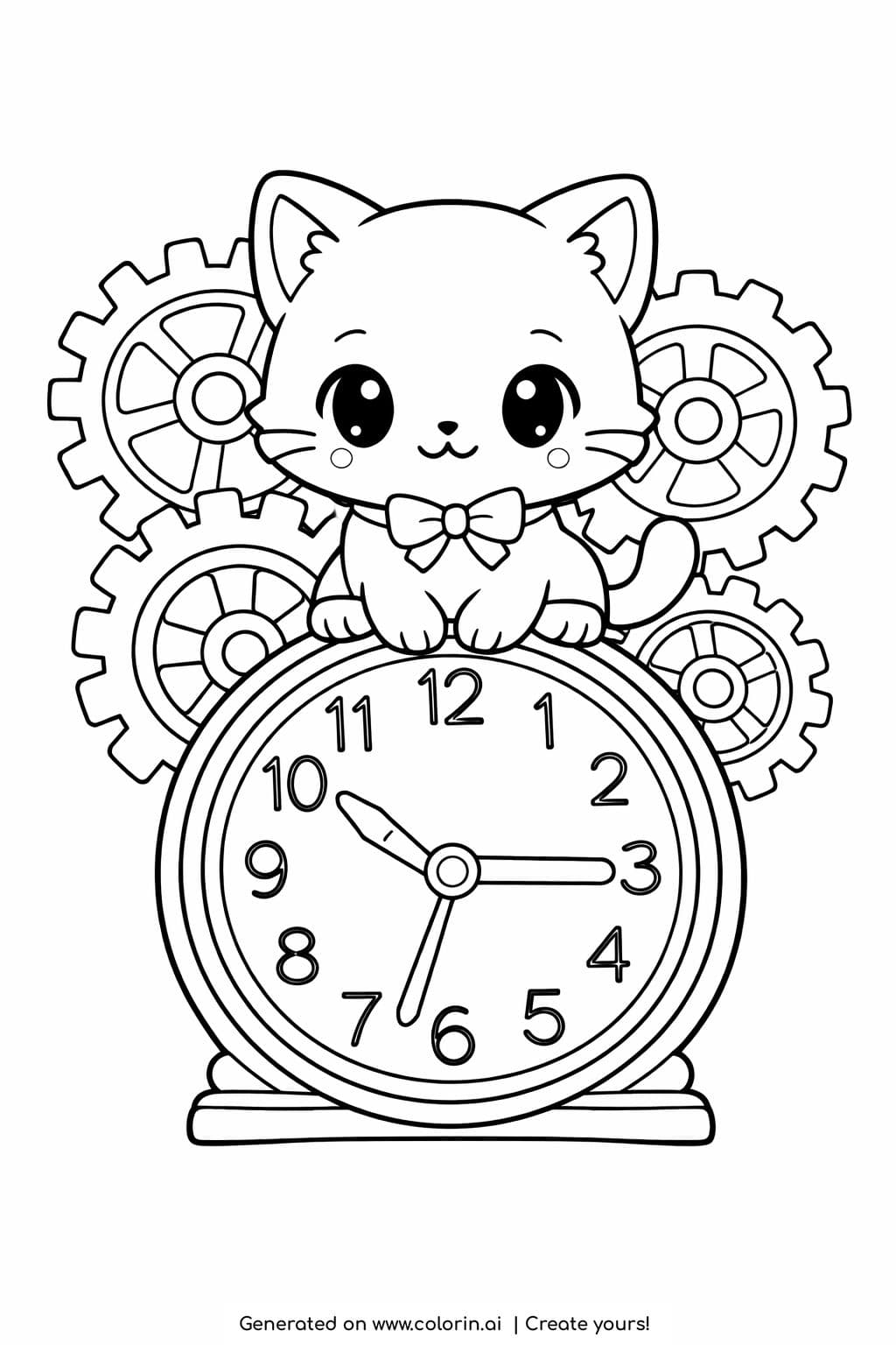 cat sitting on vintage clock coloring page with visible numbers and gears coloring page