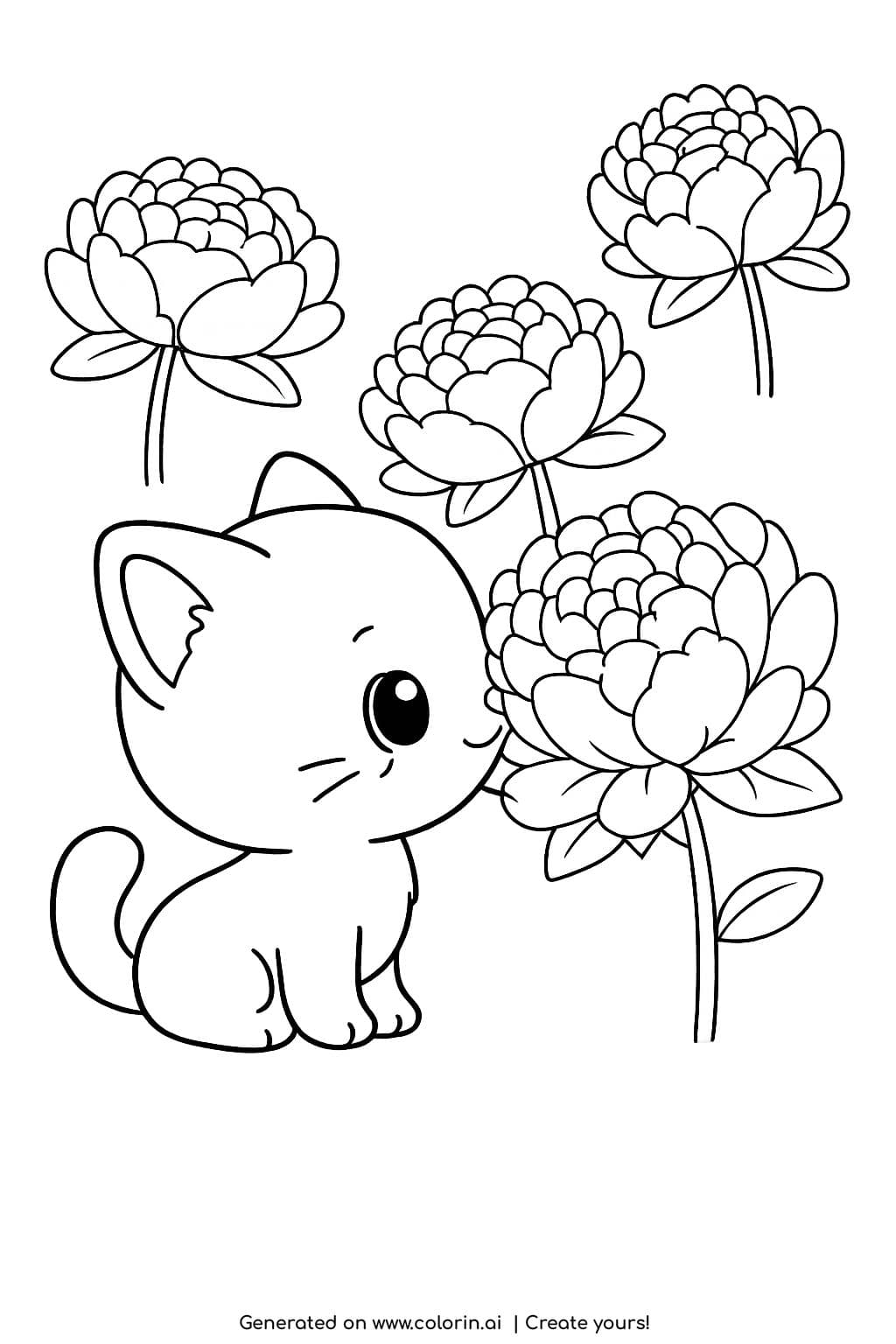cat smelling a peony coloring page with three flowers in background coloring page