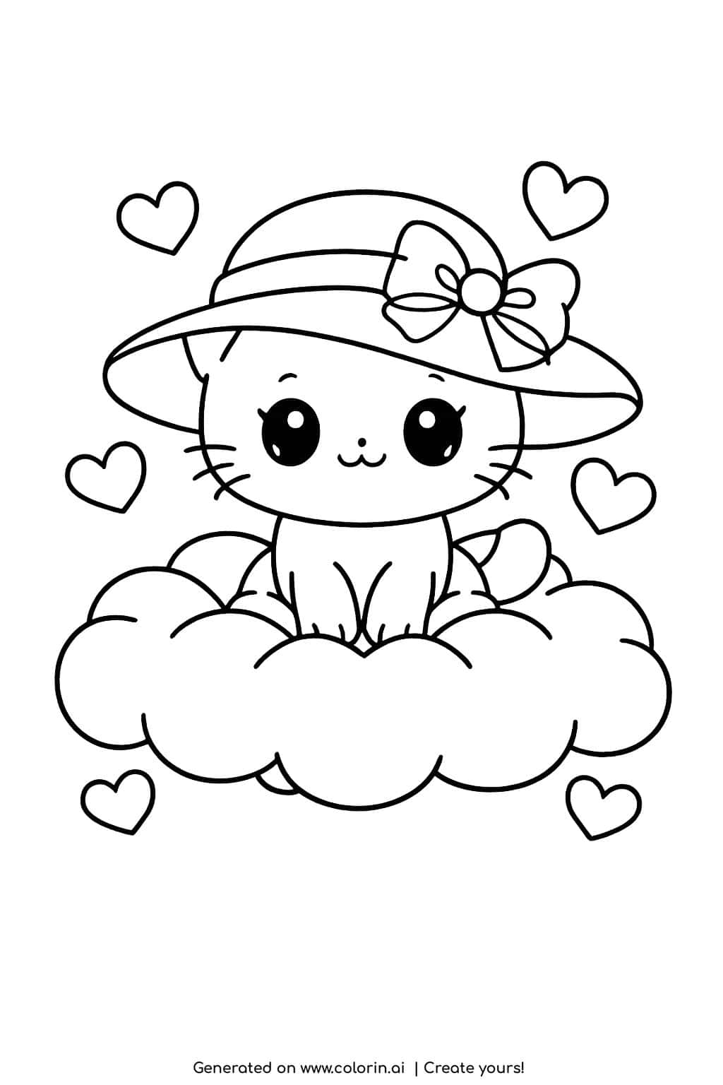 cat with hat sitting on cloud coloring page cute kitten with bow hat and hearts coloring page