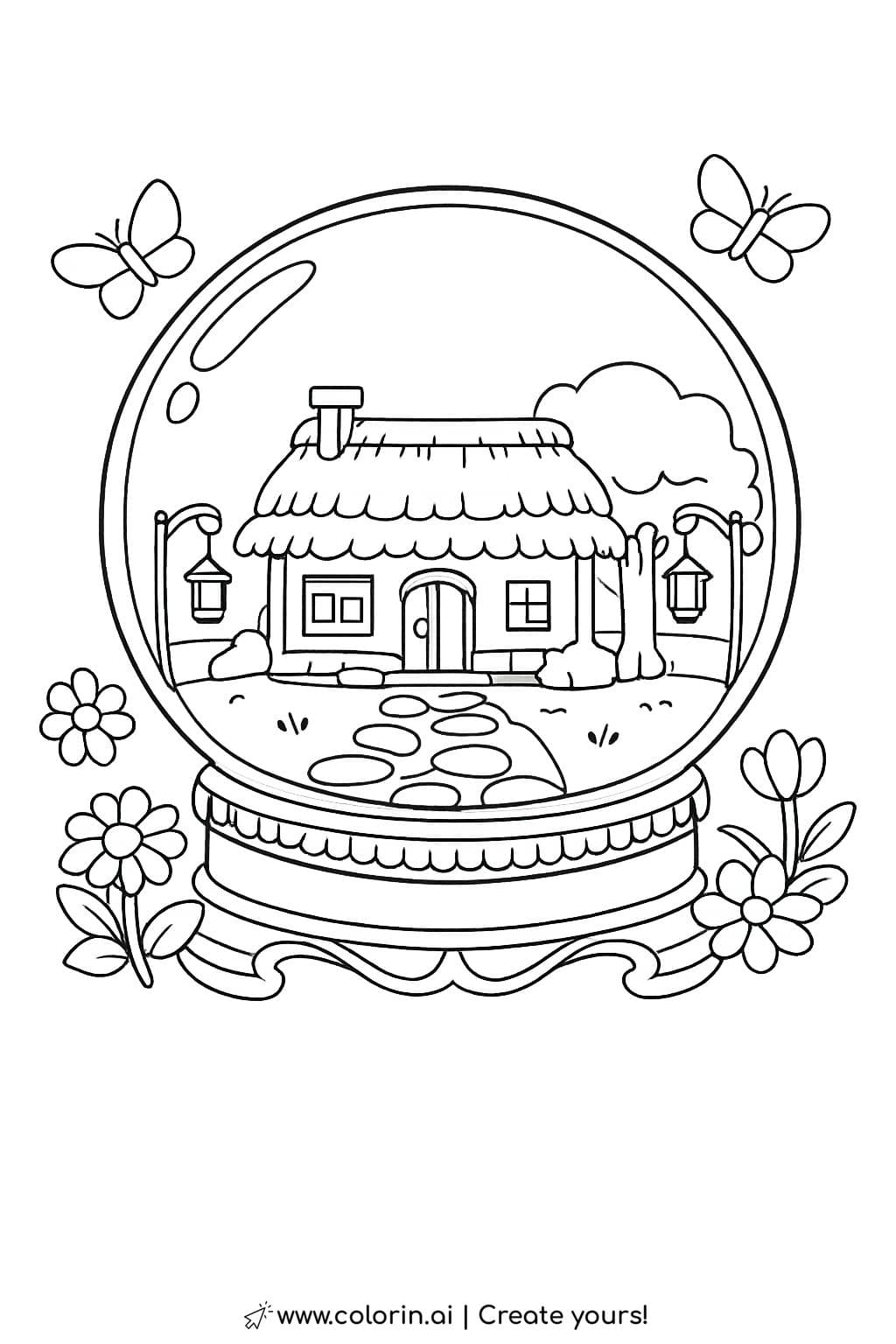 cottage inside a snow globe coloring page with flowers and butterflies coloring page