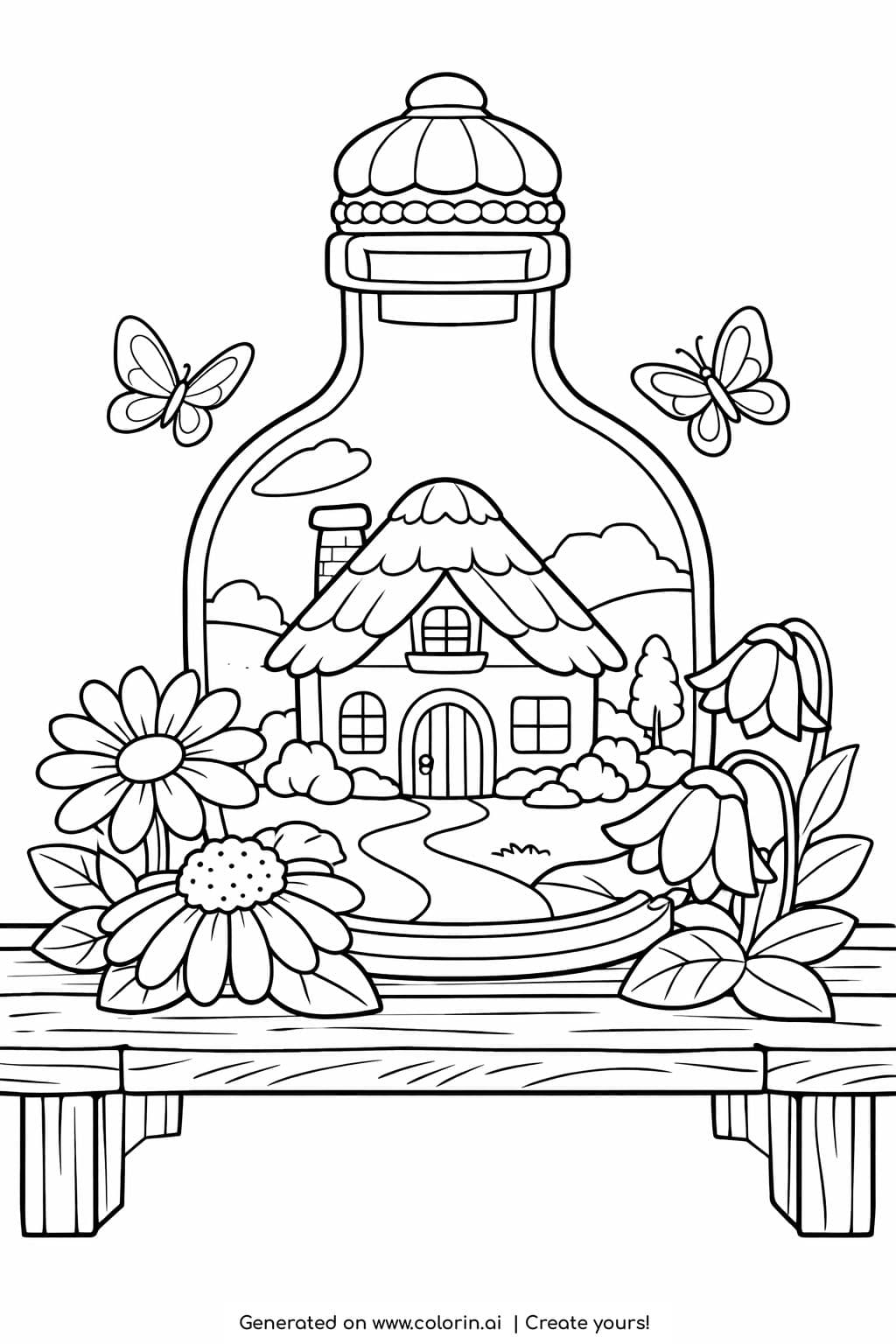 cottage inside glass bottle coloring page with flowers and butterflies coloring page