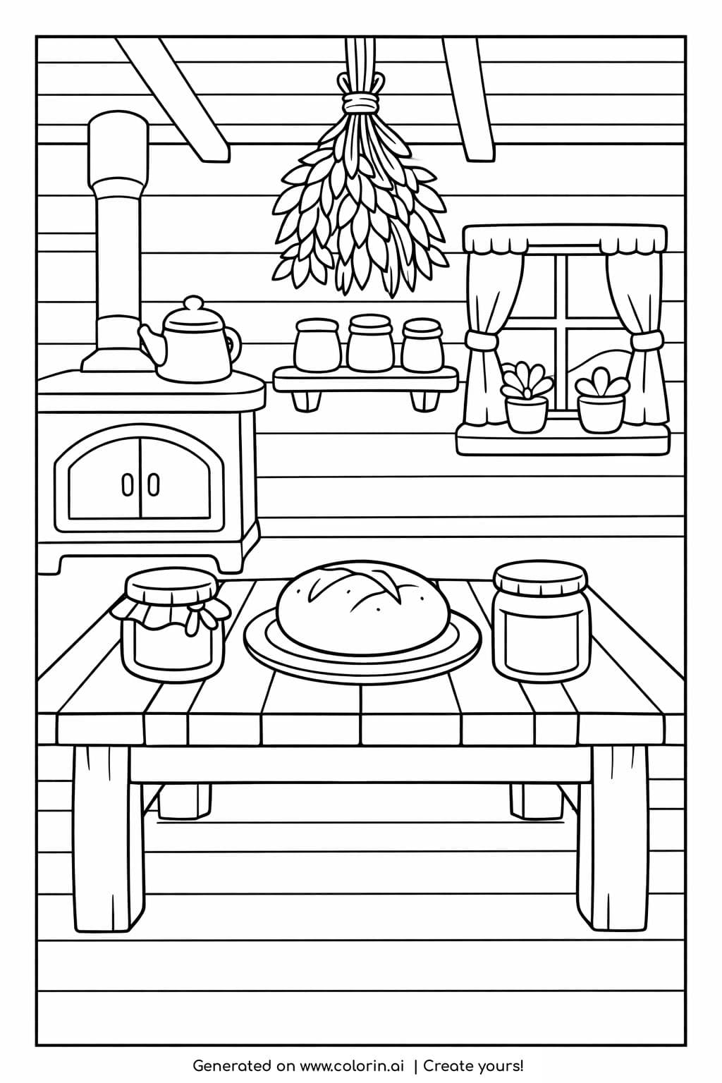 cozy cabin kitchen with bread coloring page rustic interior scene coloring page