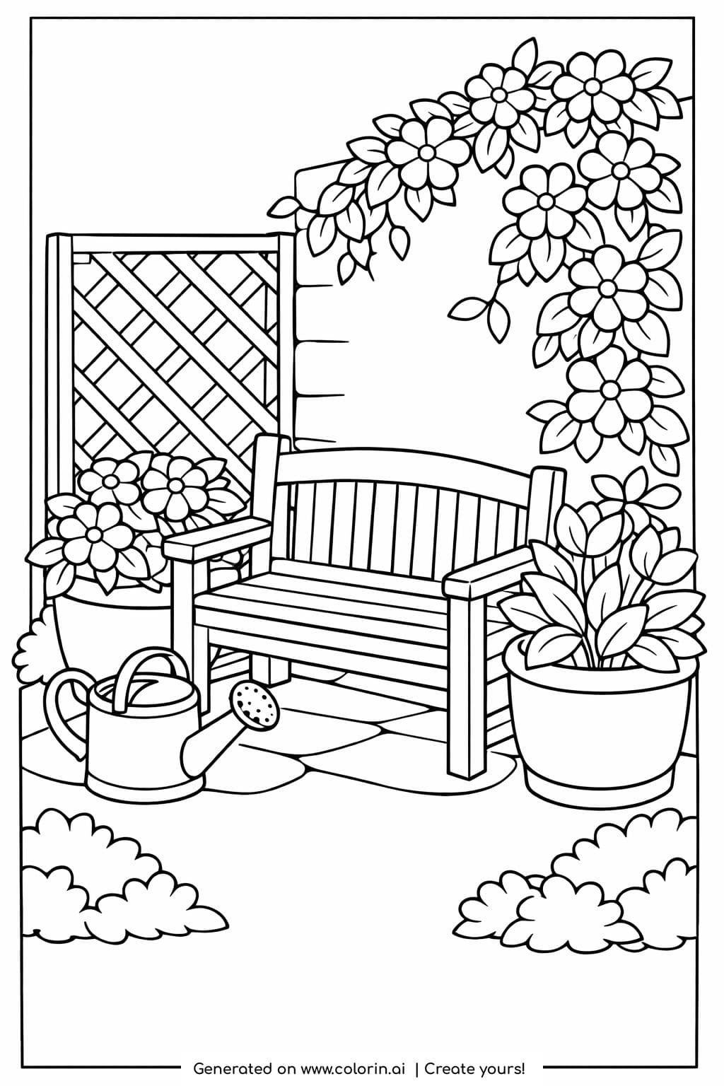 cozy garden bench with flowers coloring page featuring wooden bench and potted plants coloring page