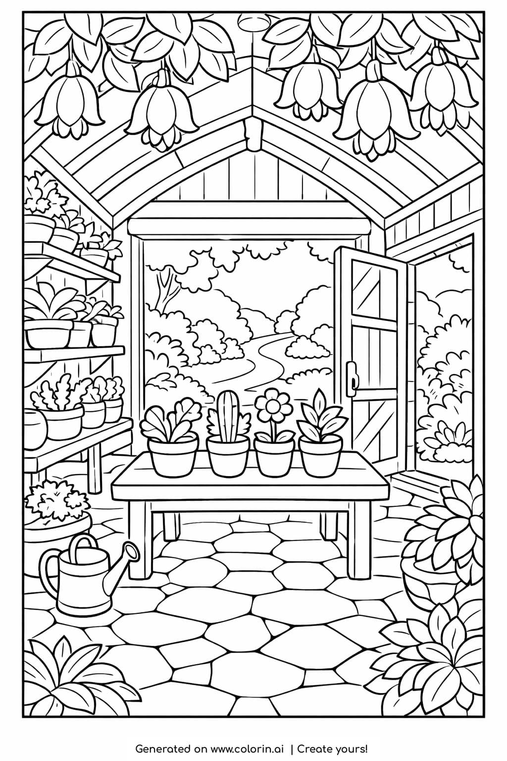 cozy greenhouse with open door coloring page with potted plants, stone floor, and hanging flowers