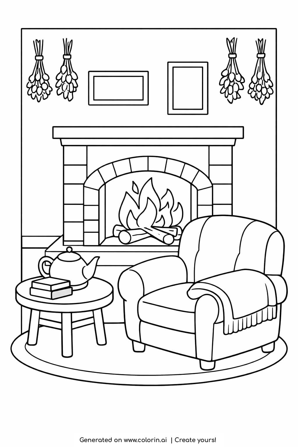 cozy living room with fireplace coloring page armchair and tea scene coloring page