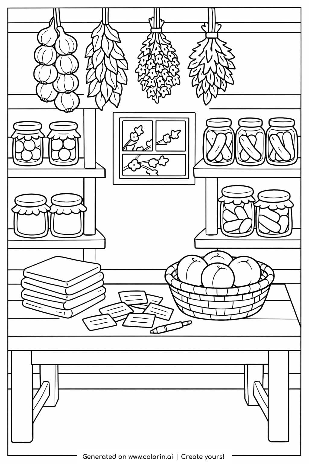cozy pantry with hanging garlic coloring page with shelves of jars, a table, and a basket of fruit coloring page