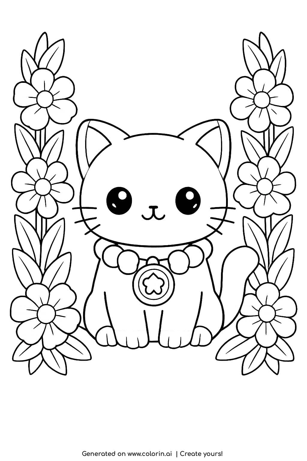 cute kitten with beaded necklace coloring page surrounded by tall flowers coloring page