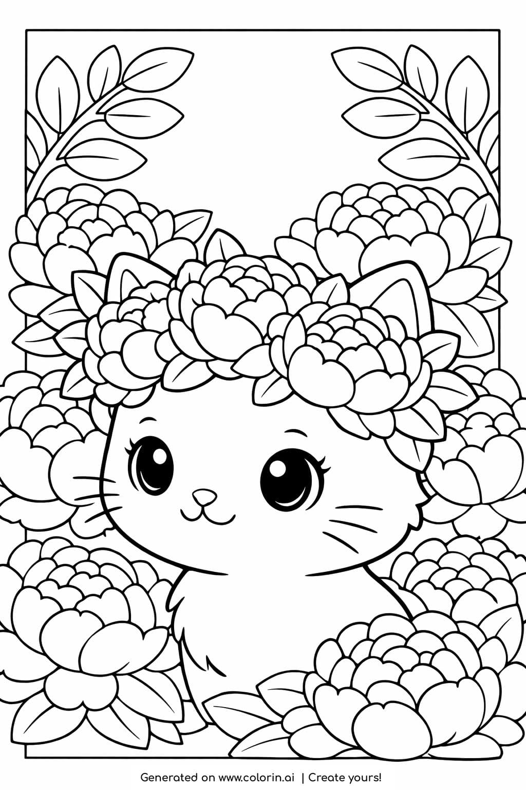 cute kitten with peony crown coloring page surrounded by large flowers coloring page