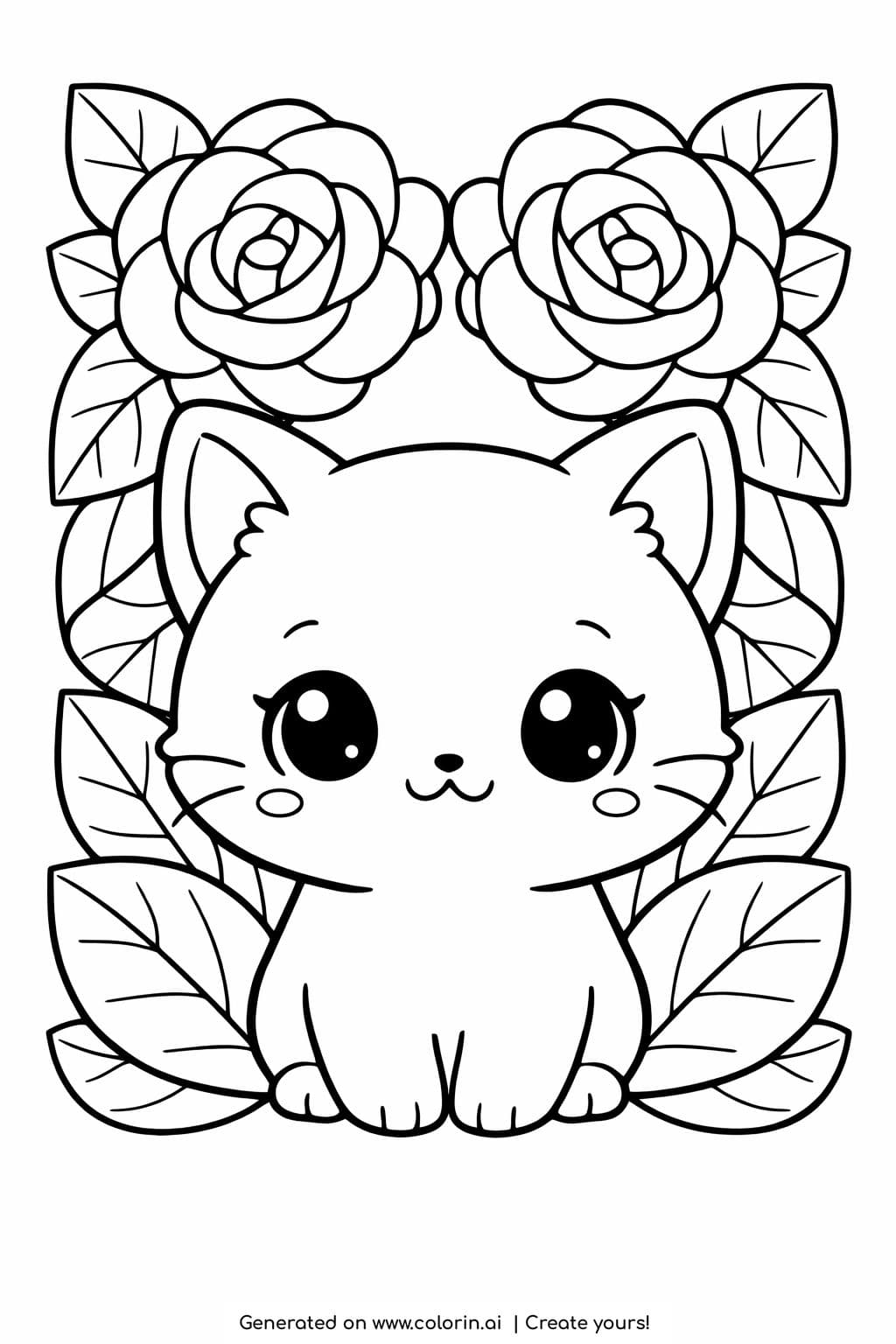 cute kitten with roses frame coloring page with big eyes and floral border coloring page