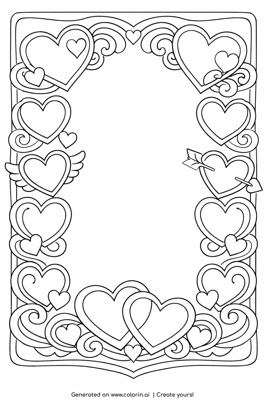 decorative heart frame border coloring page with ornate hearts surrounding a blank center coloring page