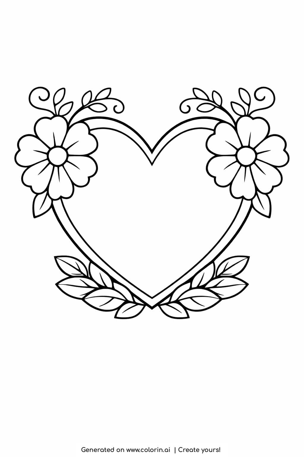 floral heart frame with flowers coloring page showing a heart shaped border with flowers and leaves coloring page