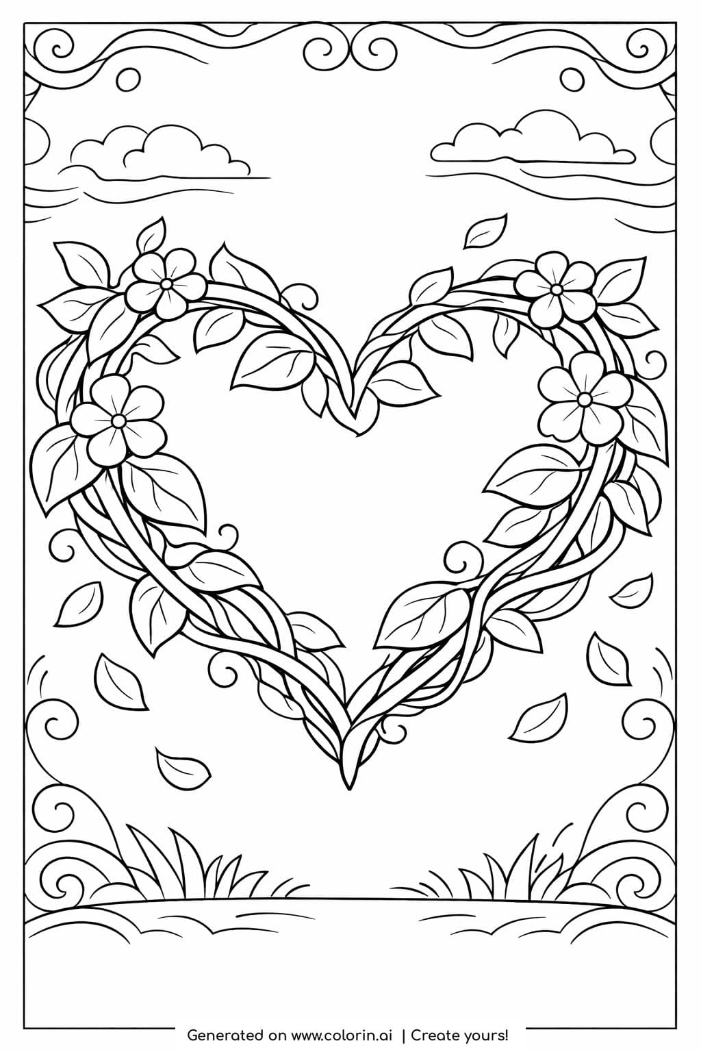 floral heart made of vines coloring page with flowers and leaves coloring page