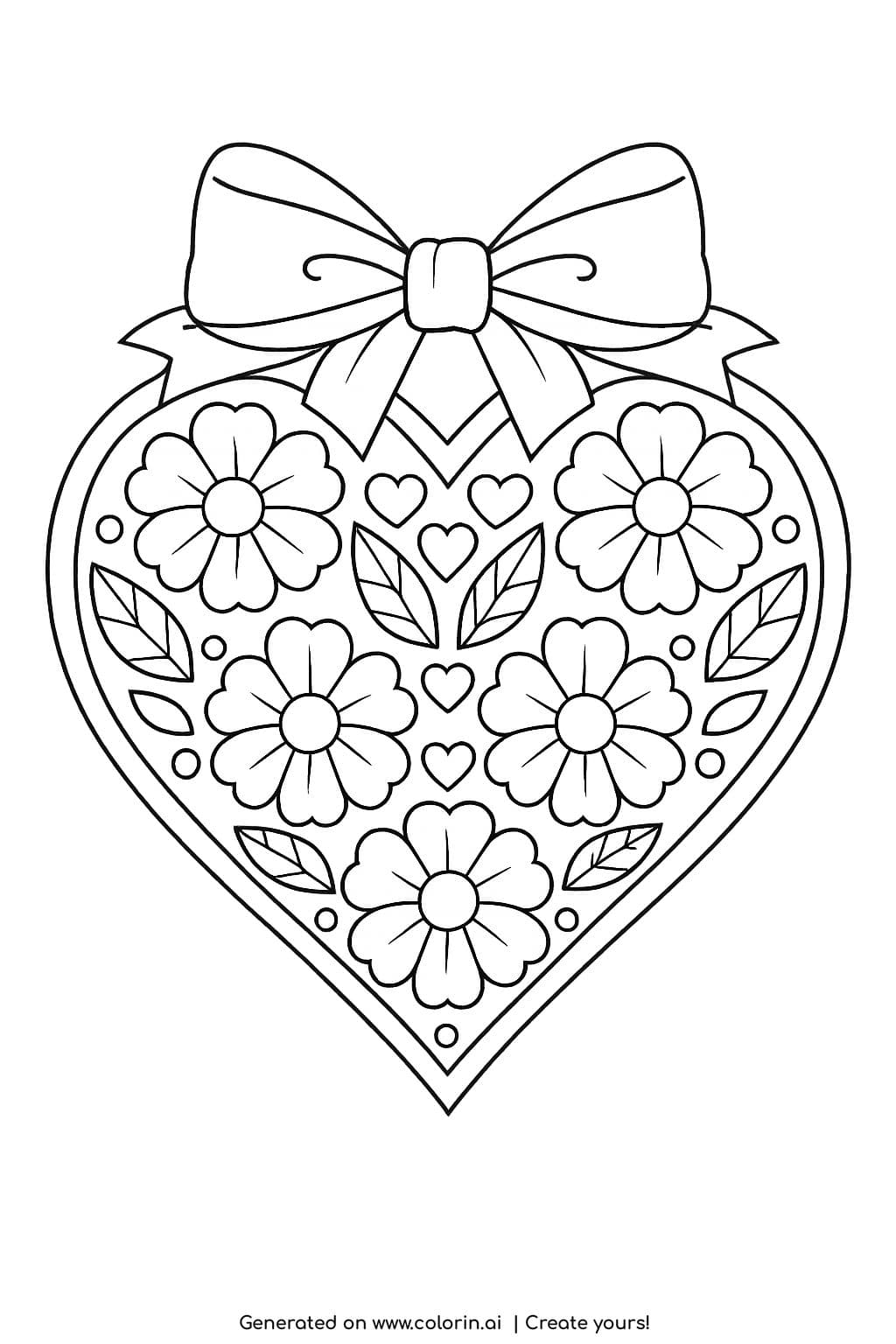 floral heart with bow ornament coloring page featuring flowers leaves and small hearts