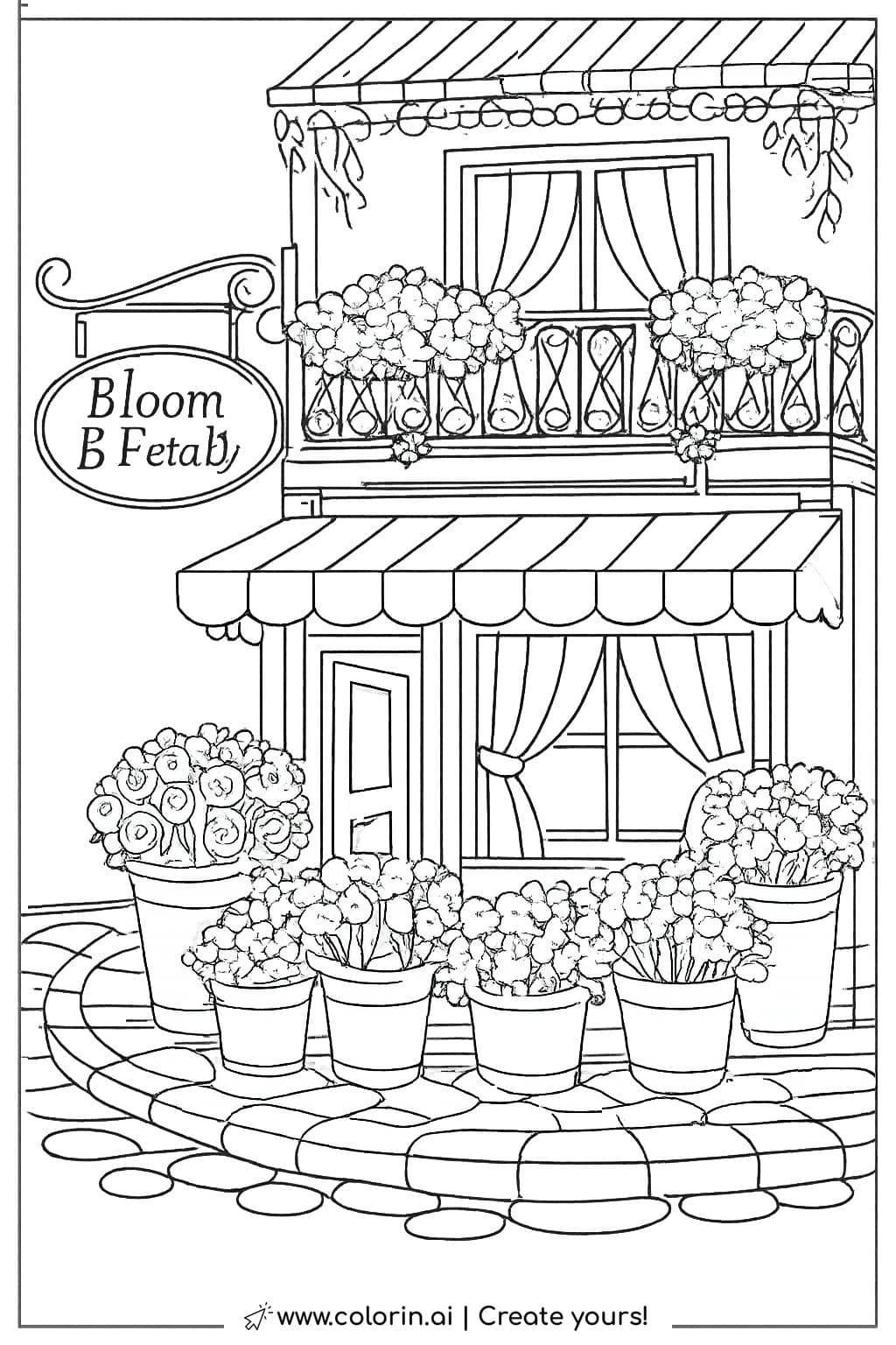 flower shop with balcony blooms coloring page featuring potted flowers and striped awnings coloring page