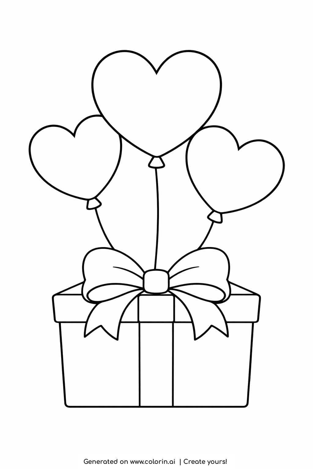 gift box with heart balloons coloring page showing a large present with a bow and floating heart balloons coloring page