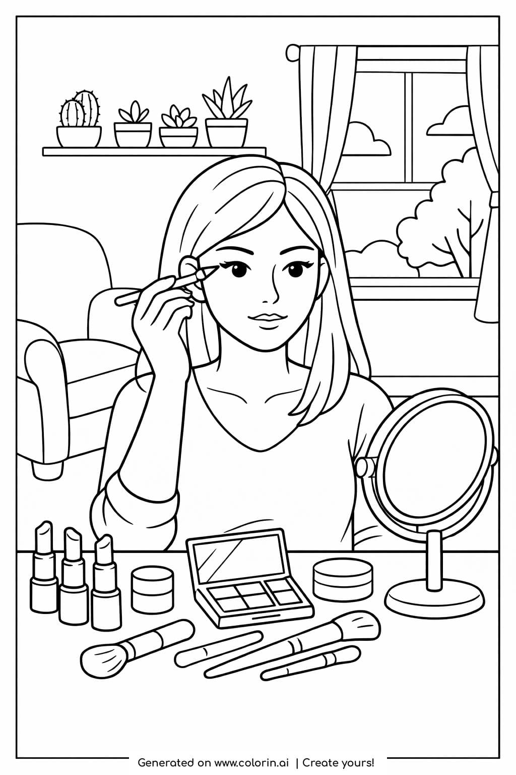 girl applying makeup at vanity coloring page showing a focused girl with beauty tools at a mirror coloring page