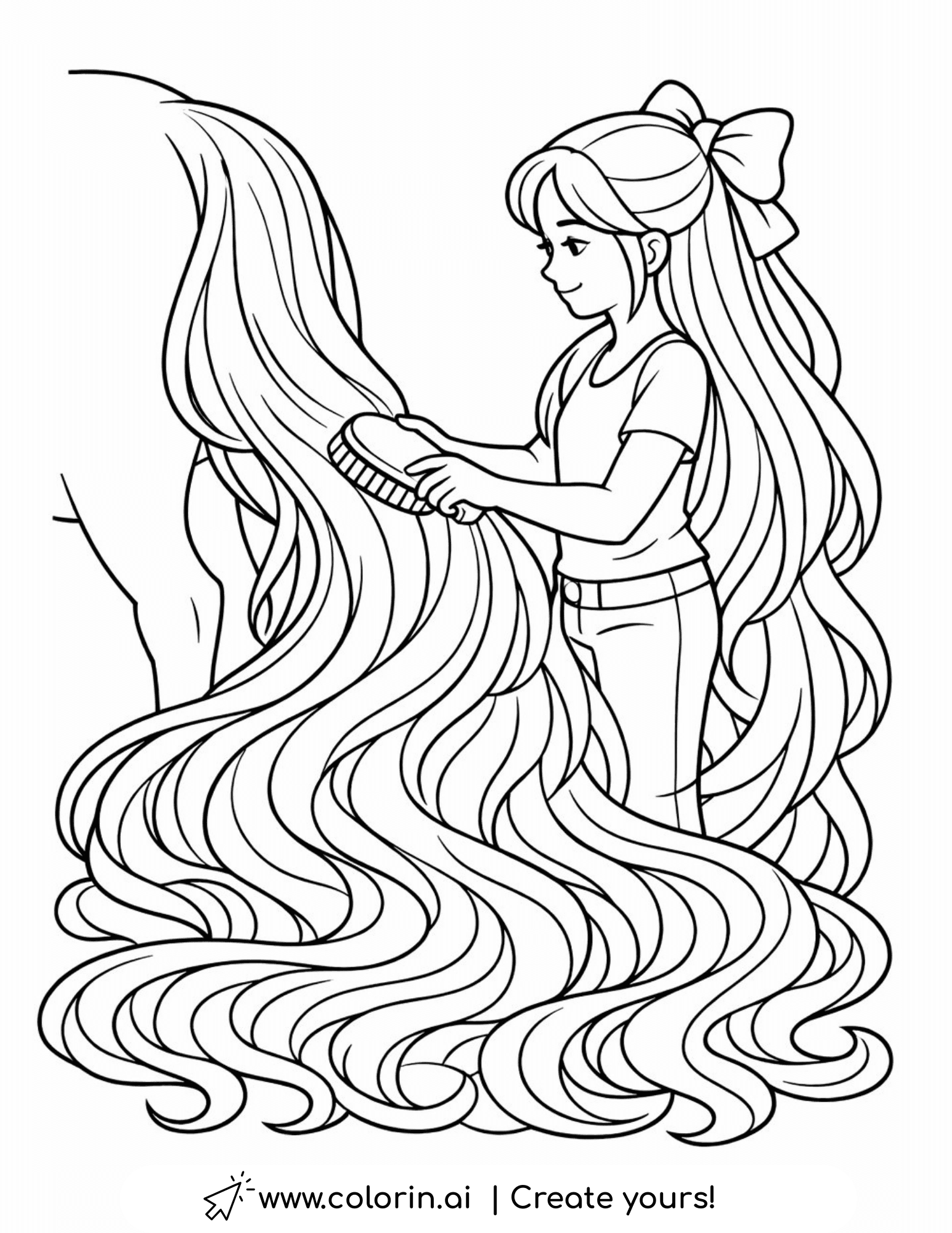 girl brushing horse long mane coloring page detailed flowing mane illustration