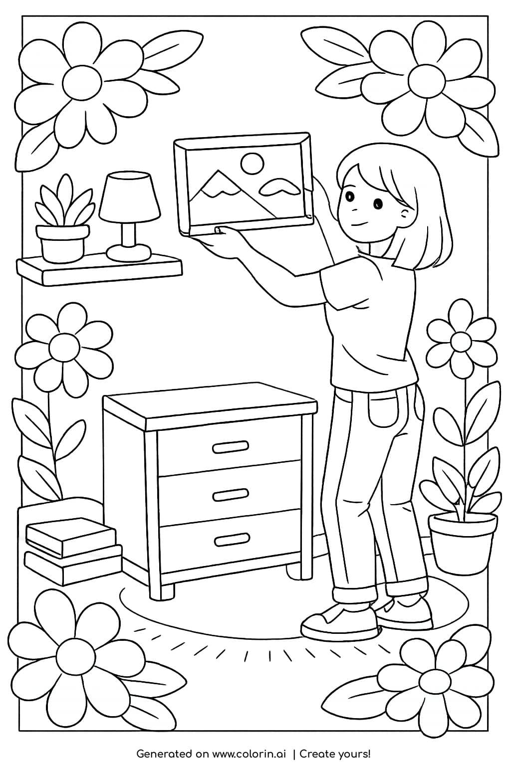 girl decorating her room coloring page with wall art flowers and cozy bedroom decor coloring page