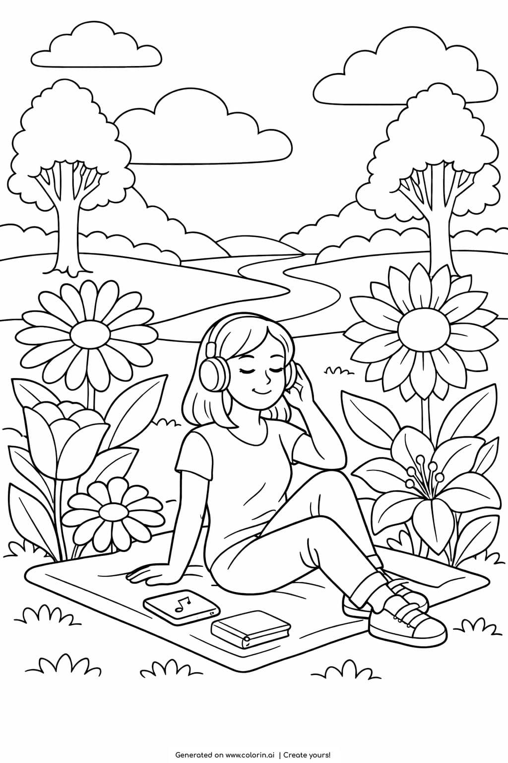 girl listening to music outdoors coloring page showing a girl sitting on a mat with headphones in a peaceful nature scene coloring page