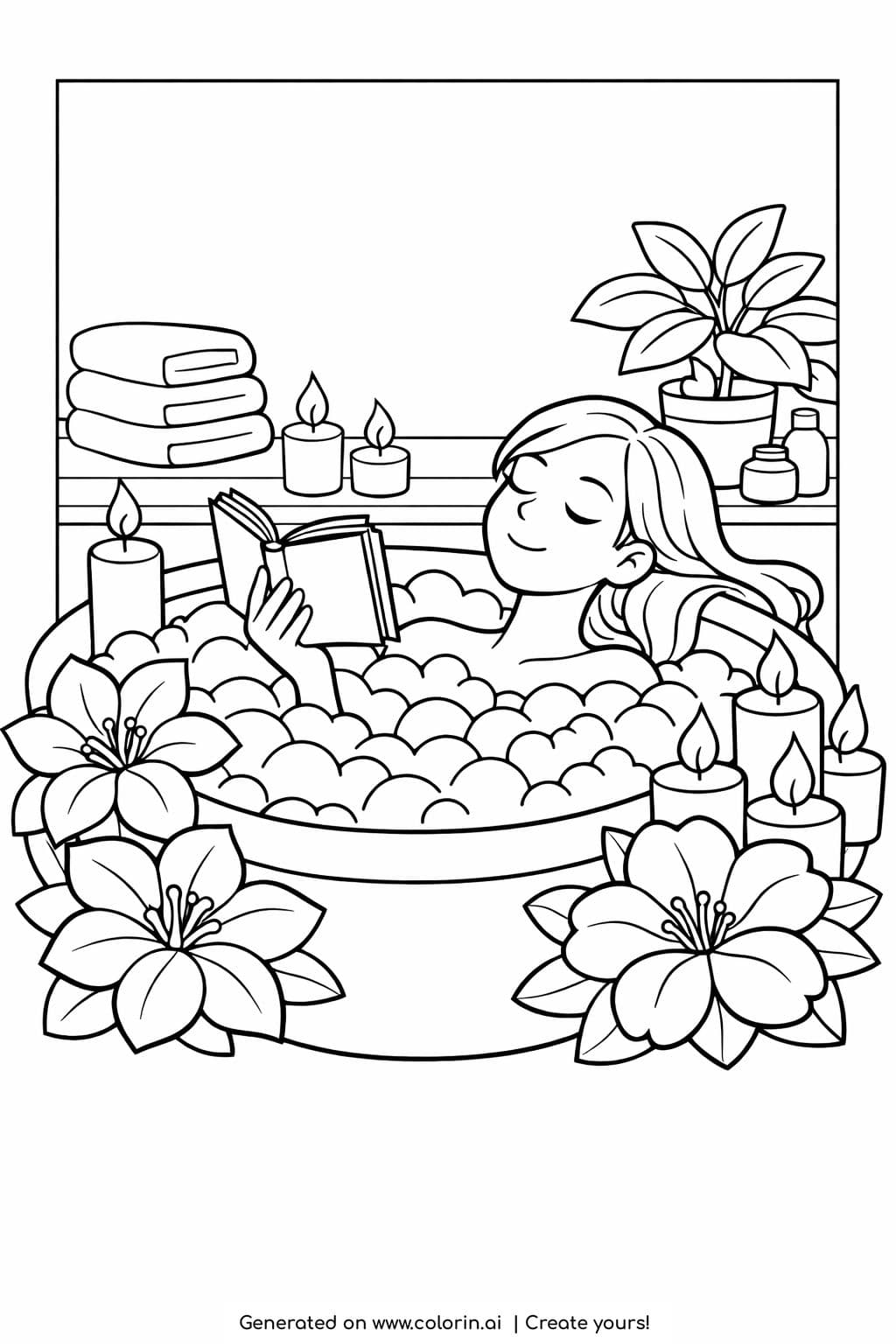 girl reading in bubble bath coloring page with candles, flowers, and a cozy spa atmosphere coloring page