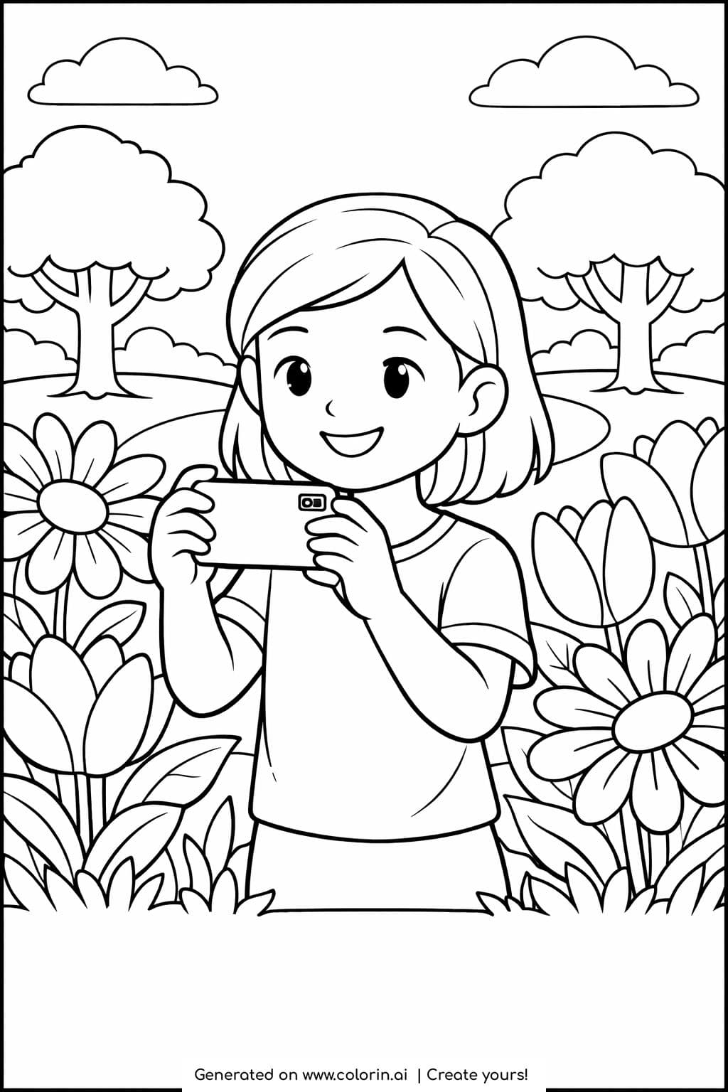 girl taking photos in park coloring page of a smiling child holding a phone among flowers