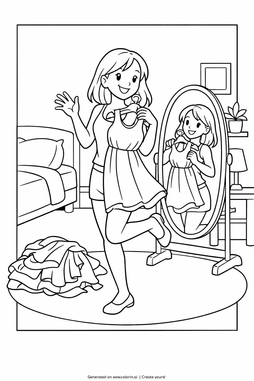 girl trying on dress mirror coloring page showing a smiling girl holding a dress in front of a mirror coloring page