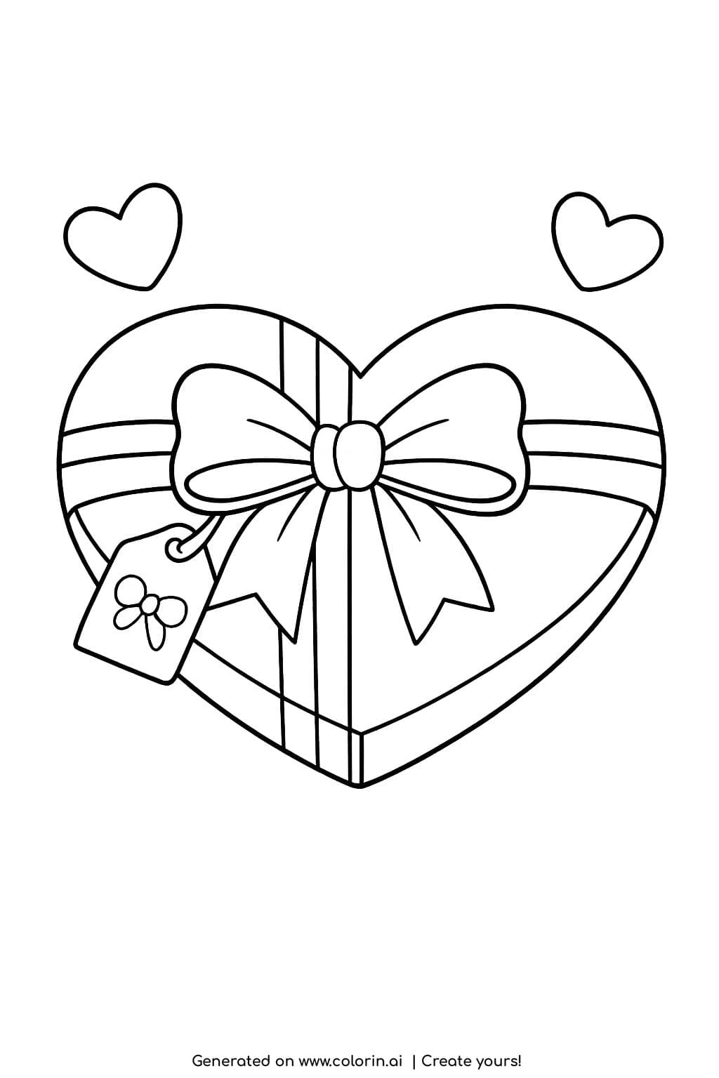heart gift box with bow coloring page with ribbon and small floating hearts coloring page