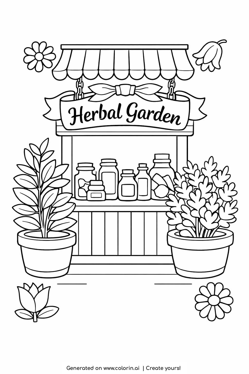 herbal garden shop stand coloring page with jars and potted plants