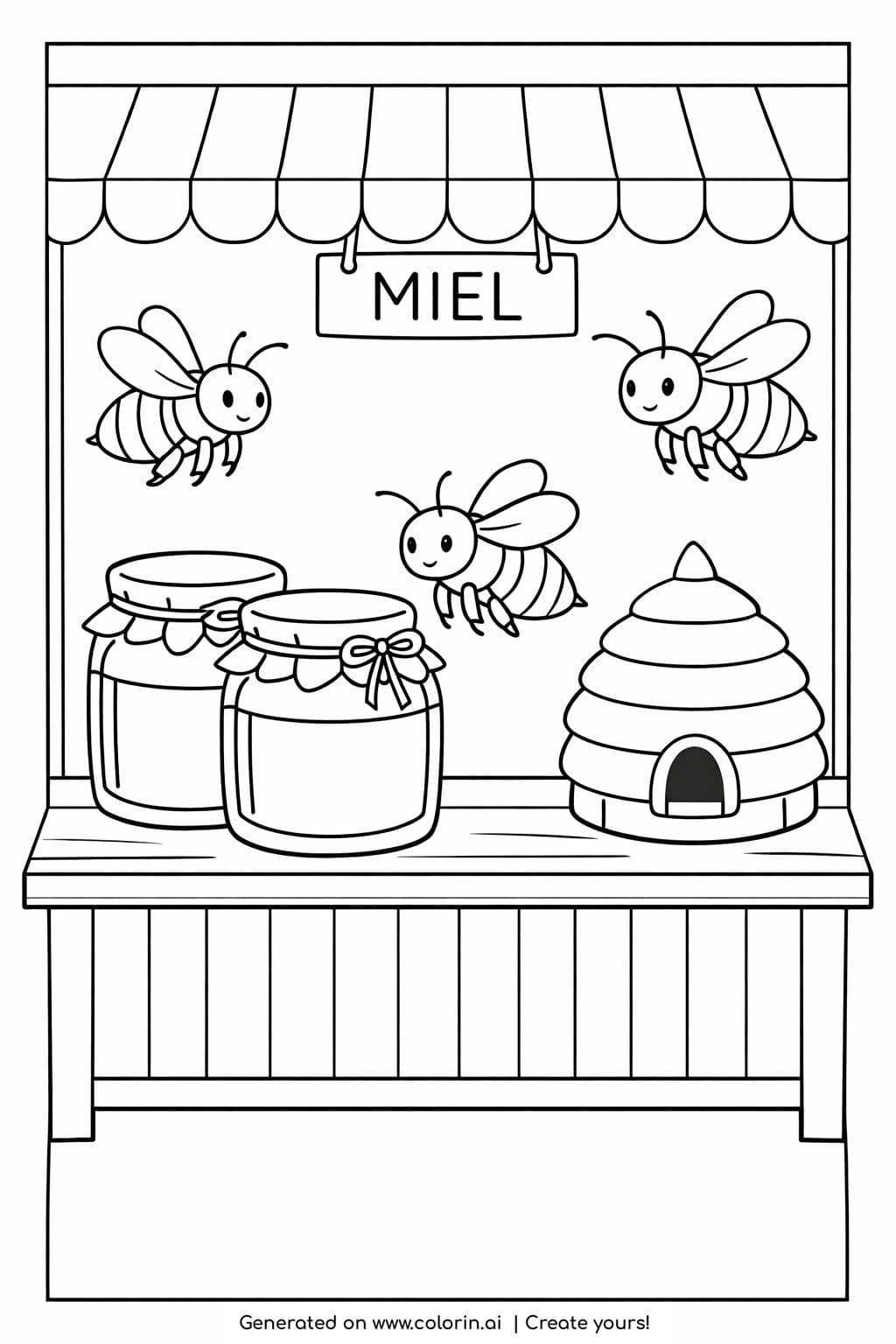 honey market stand with bees coloring page with jars and beehive