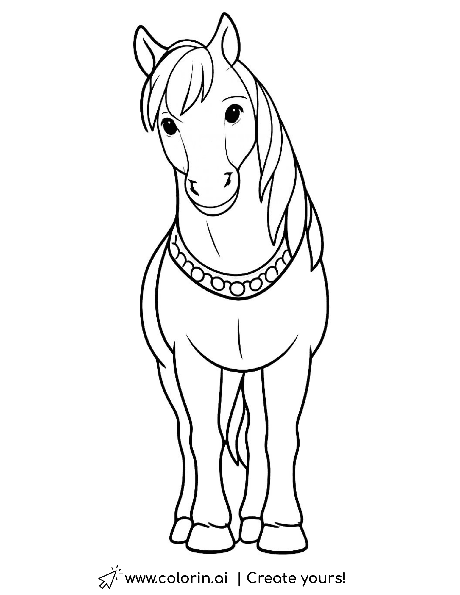 horse with beaded necklace coloring page front view cute illustration coloring page