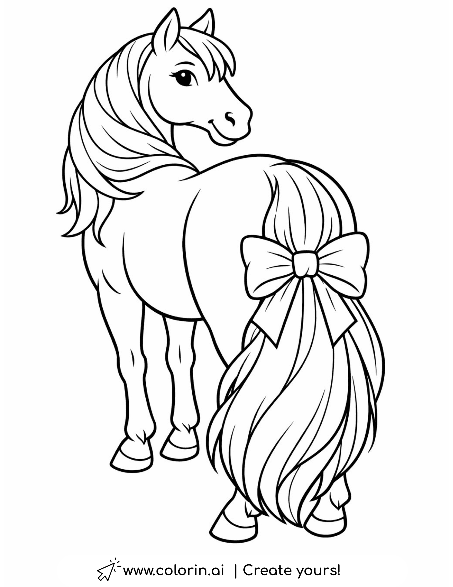 horse with bow on tail coloring page rear view cute illustration coloring page
