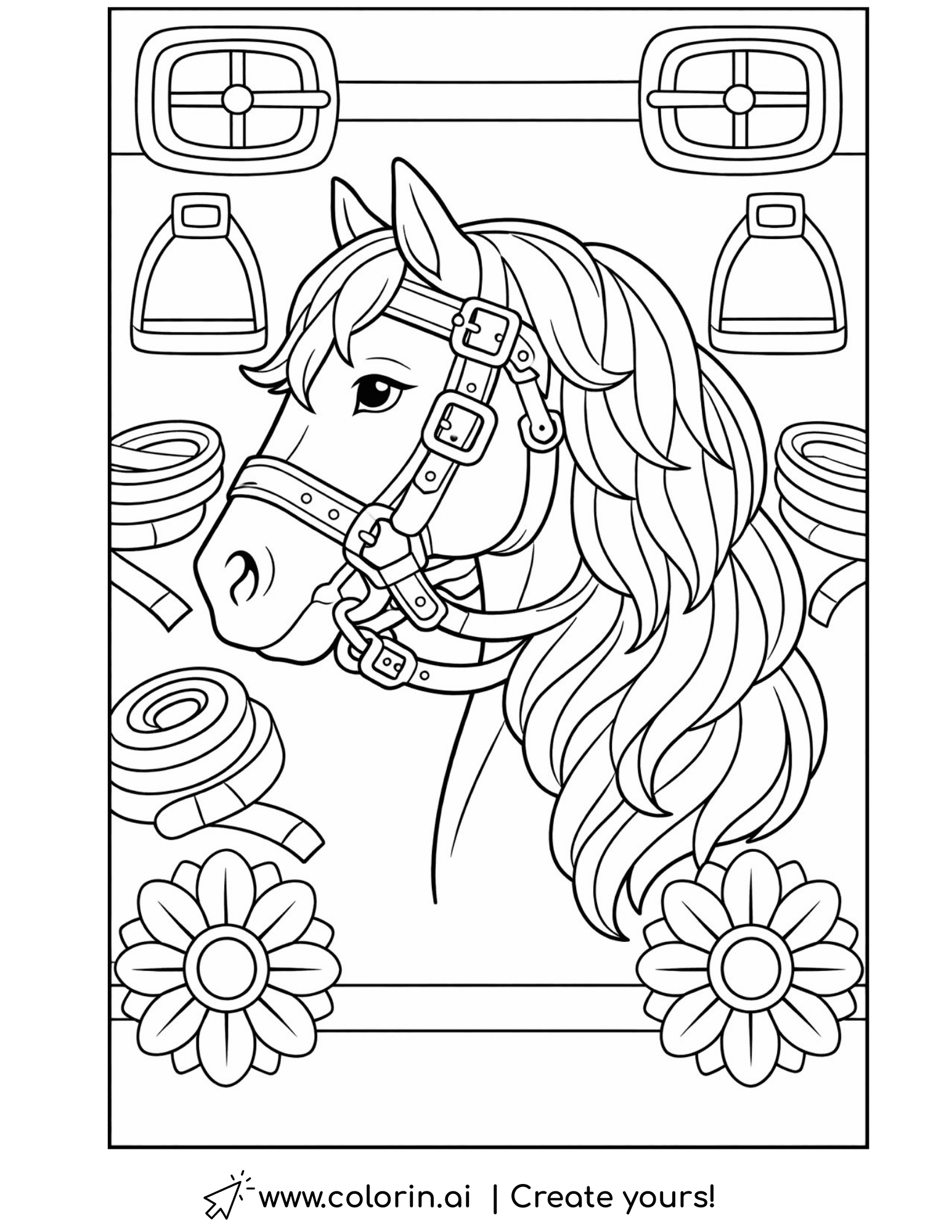 horse with bridle and saddle coloring page surrounded by reins and flowers coloring page
