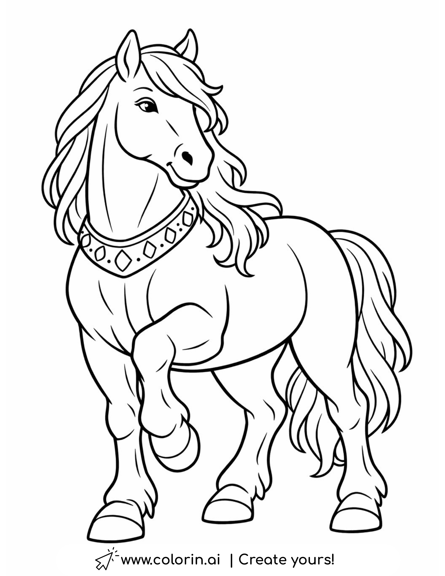 horse with decorative collar coloring page standing pose elegant illustration coloring page
