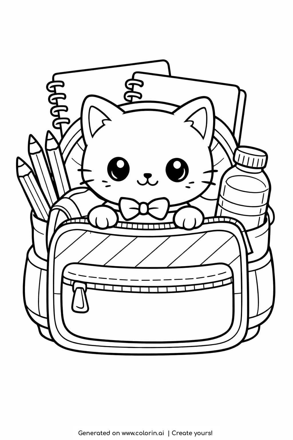 kitten inside a school backpack coloring page with notebooks and pencils coloring page