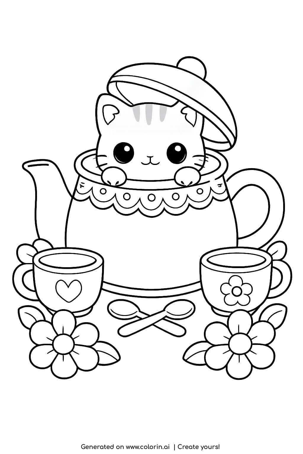kitten inside a teapot coloring page with cups and flowers illustration coloring page