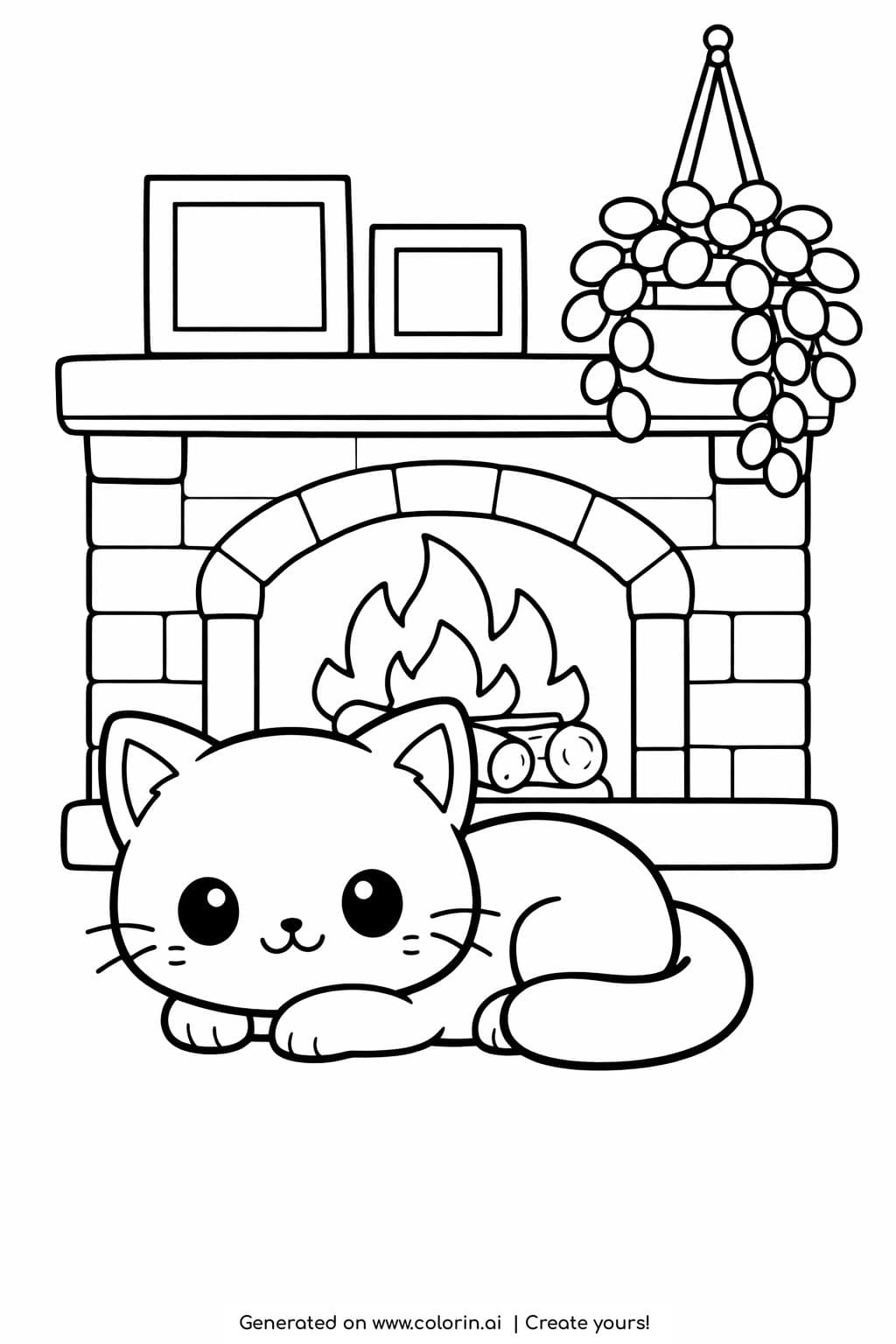 kitten lying by the fireplace coloring page with burning fire and hanging plant coloring page